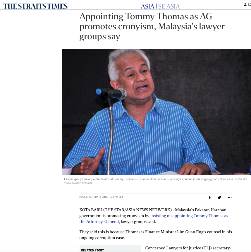 Appointing Tommy Thomas as AG promotes cronyism, Malaysia's lawyer groups say - Tommy Thomas